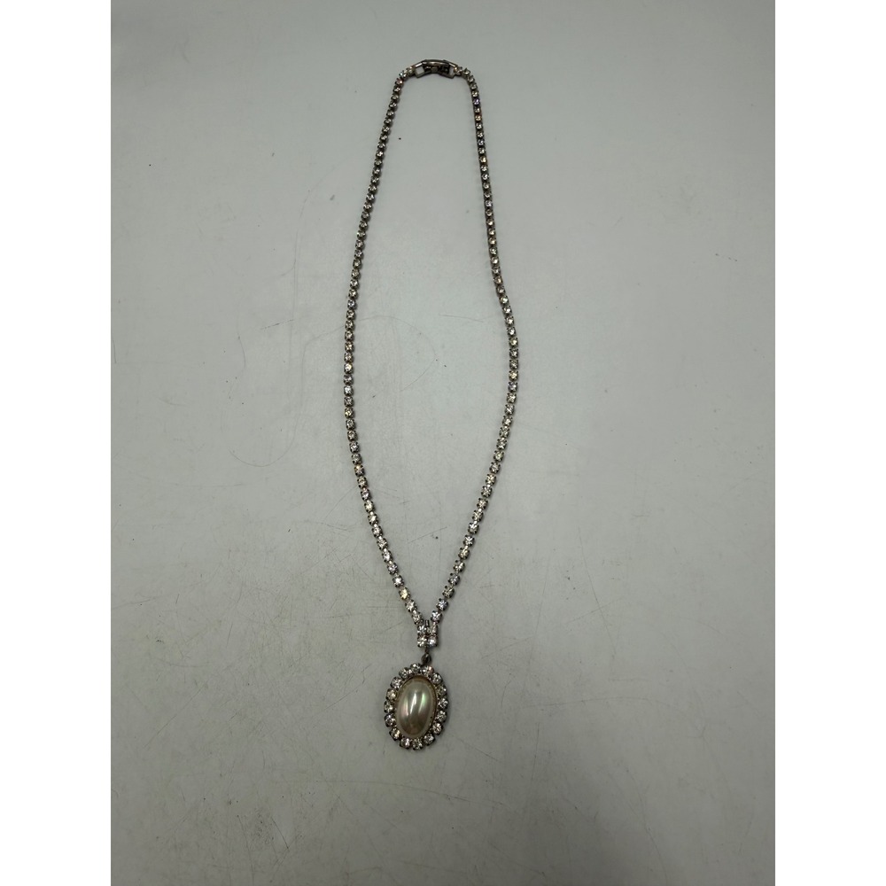Vintage Rhinestone Tennis Chain Necklace Faux Pearl Oval Halo Pendant SilverTone